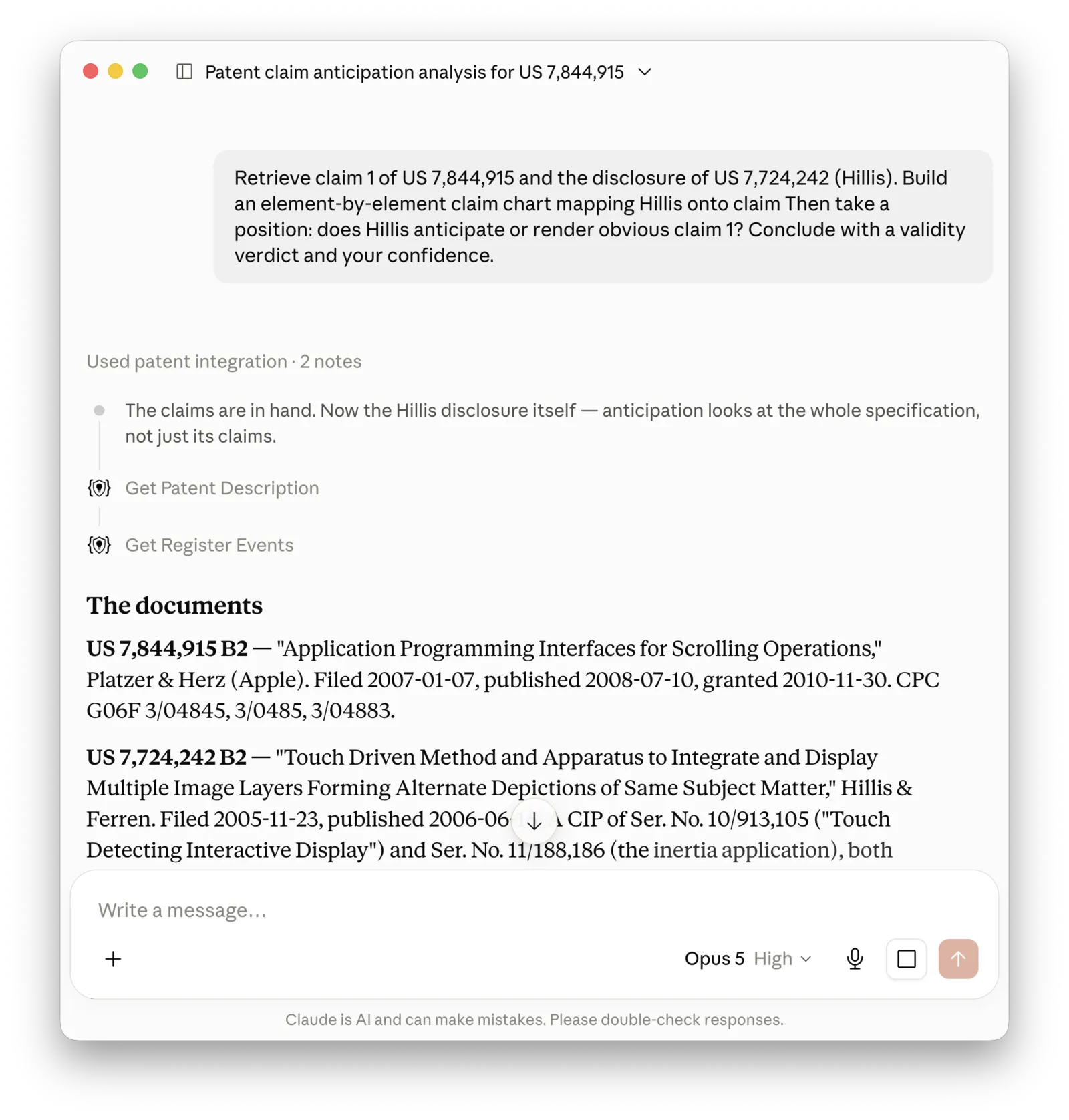 Claude desktop app window: a validity question on US 7,844,915 against the Hillis prior art; Claude calls the Patent Connector tools Get Patent Description and Get Register Events and starts its answer with the bibliographic data of both patents.