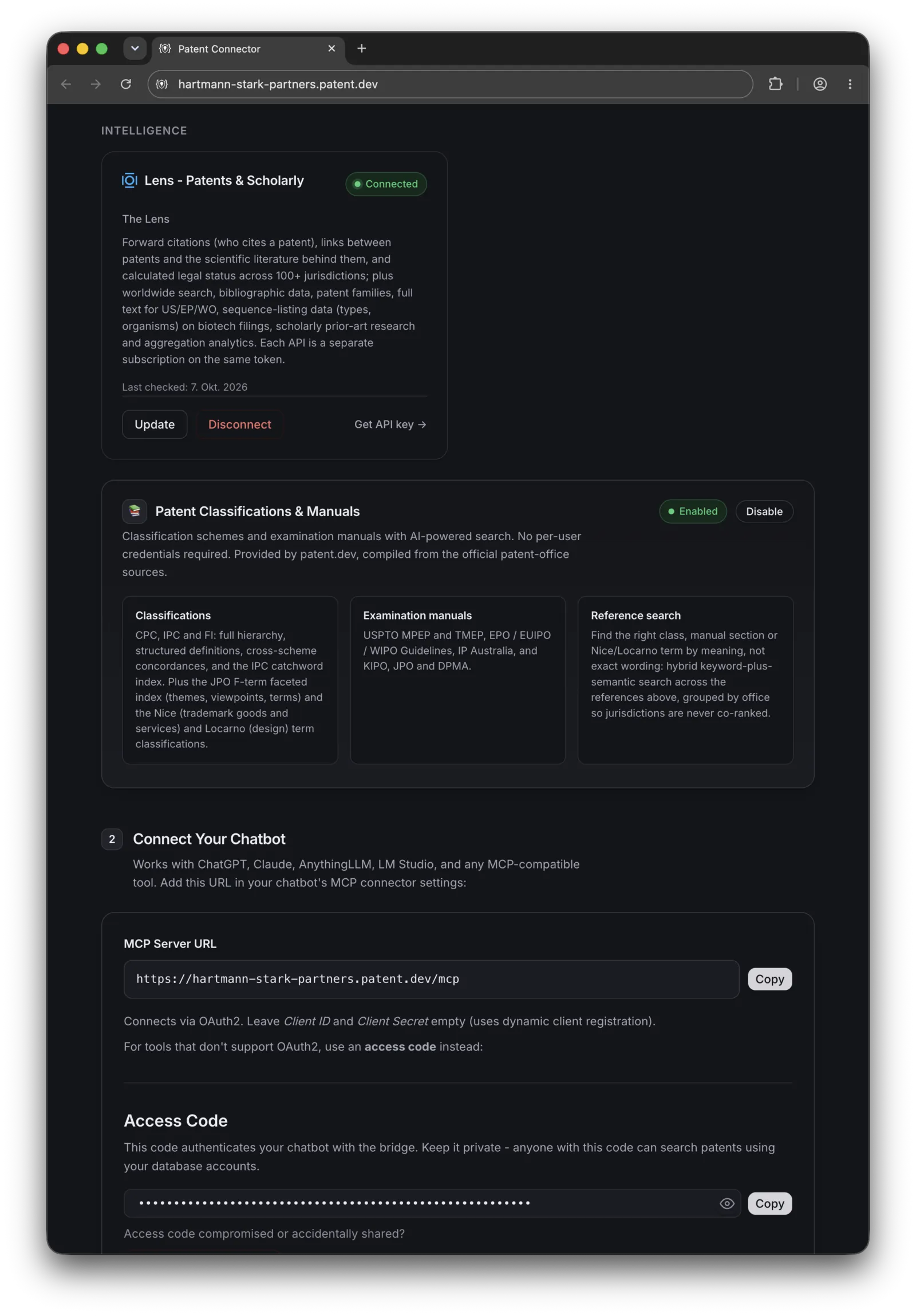 Dashboard continued: the Intelligence section with The Lens connected, the built-in Patent Classifications and Manuals card, then step 2, Connect Your Chatbot, with the instance's MCP server URL and a masked access code.