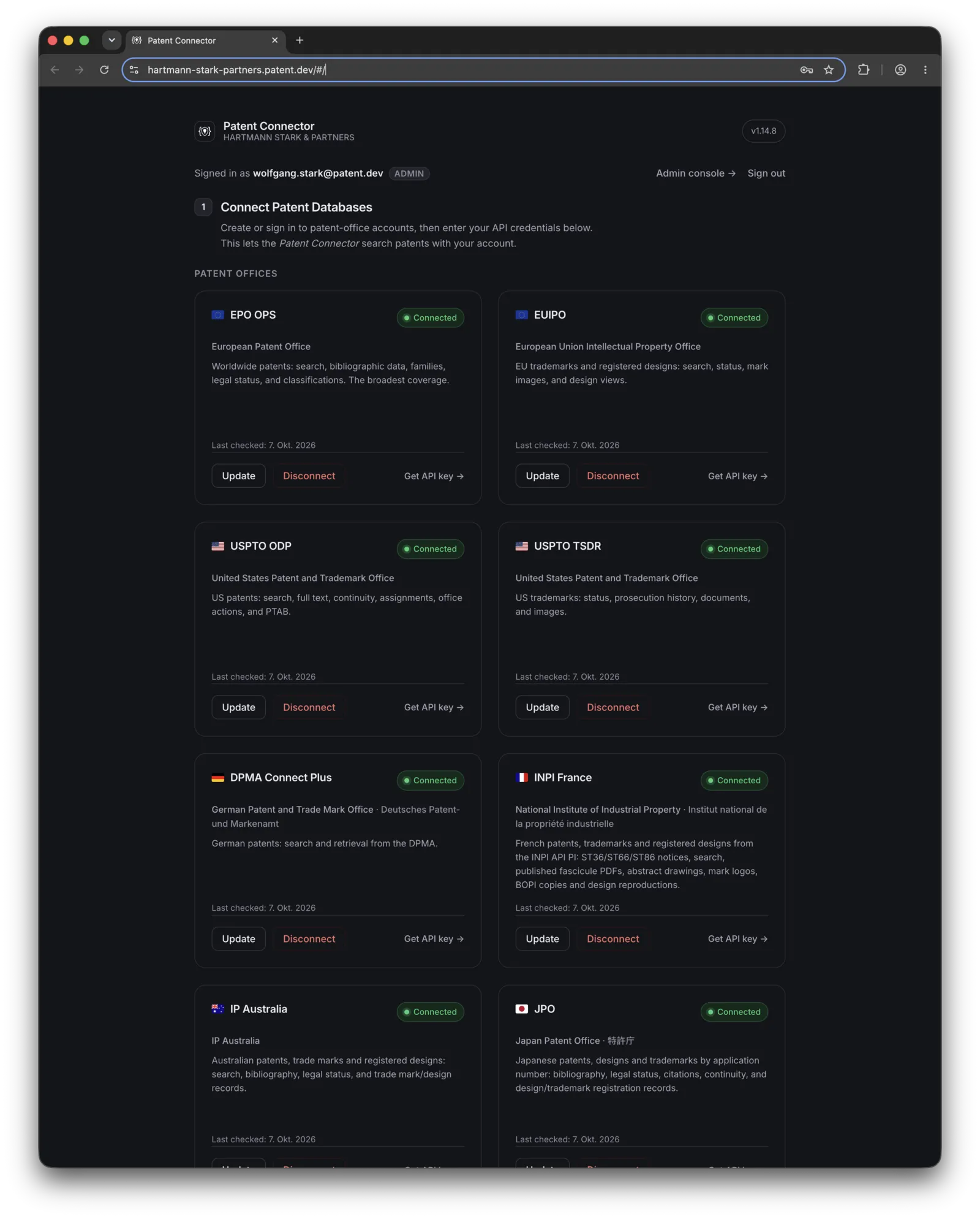 Self-hosted Patent Connector dashboard of a law firm: step 1, connect patent databases, with cards for EPO OPS, EUIPO, USPTO ODP, USPTO TSDR, DPMA, INPI France, IP Australia and JPO, each marked Connected with Update, Disconnect and Get API key actions.