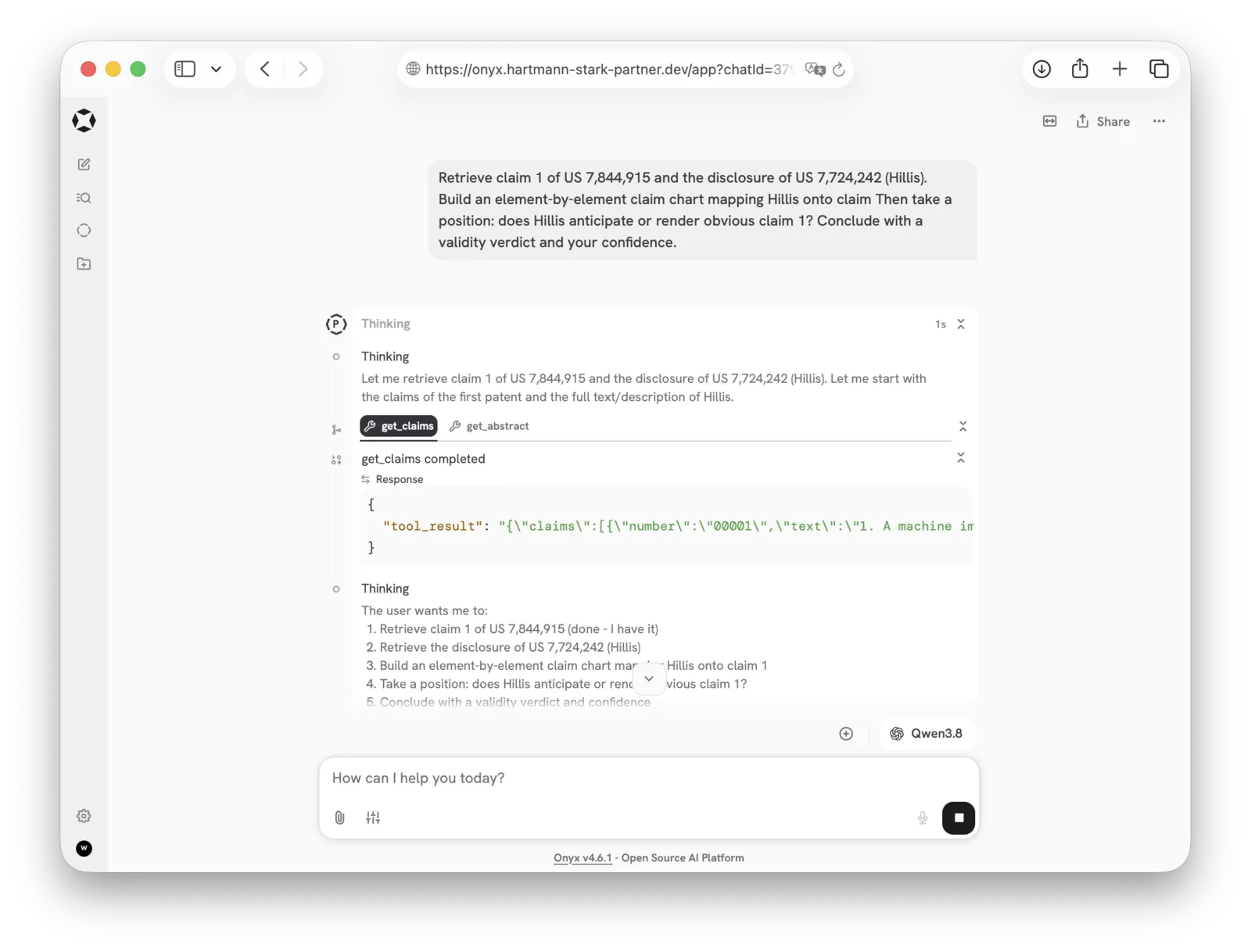 Browser window with an open-source chat interface running a local Qwen model: the same prompt, the model calls get_claims and get_abstract on Patent Connector and shows the claim text verbatim as the tool result.
